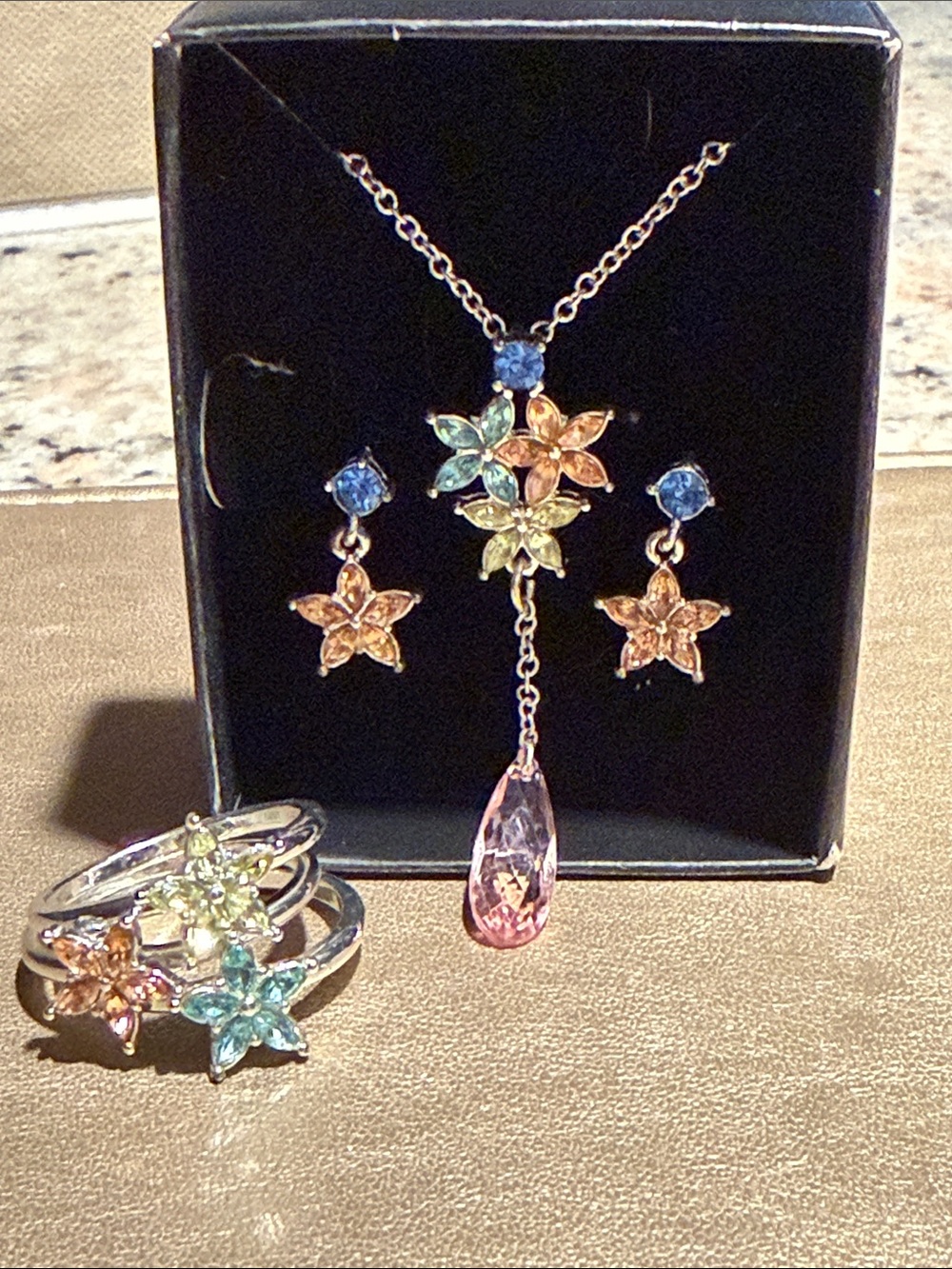 Multicolor Floral Crystal Pendant Necklace, Earring & Ring Set - Women's Jewelry